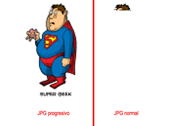 En Browserdiet recomiendan usar JPEGs progresivos (a la izquierda), ya que la imagen aparecerá en un primer momento pixelada para luego ir ganando en calidad, mientras que un jpg normal (a la derecha) irá cargando de arriba abajo. Por ejemplo, en Photoshop tienes la opción al ‘Guardar para web’ (Ctrl+Alt+Mayúsculas+S)